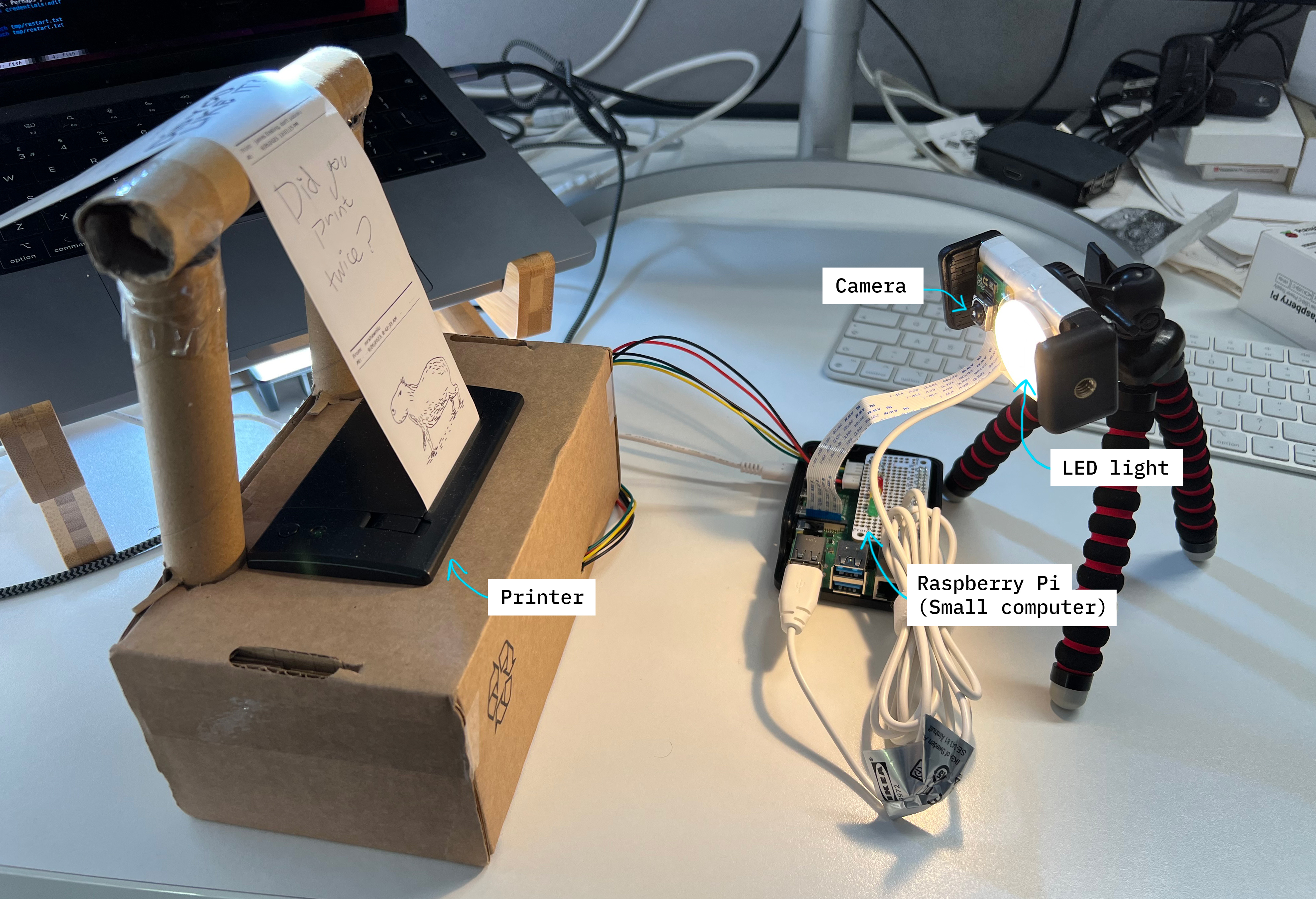 The printer setup: camera, LED light, Raspberry Pi, thermal printer.